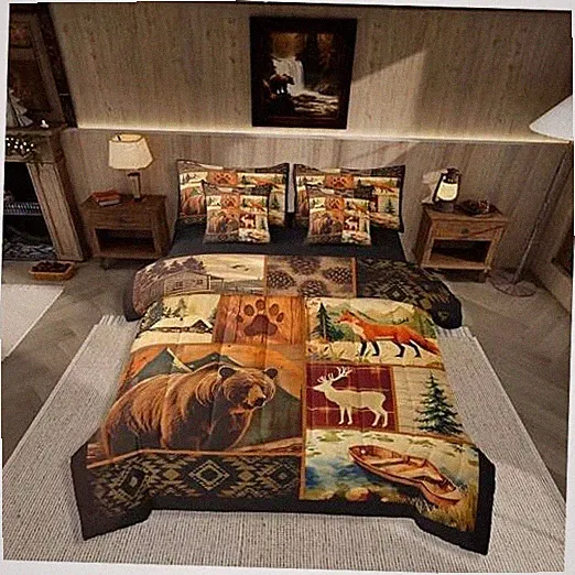 7 Piece Rustic Bear Bed in a Bag Rustic Cabin Sheet Set Full Brown and Orange