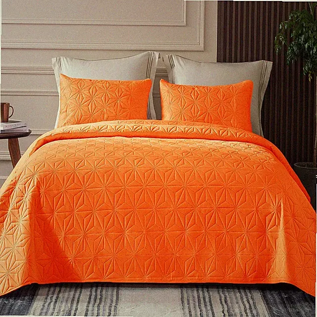 Bedding set, soft orange bedspread and quilt, 3 pieces lightweight geometric