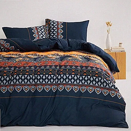 Bohemian Comforter Set, Boho Chic Paisley Striped Floral Queen Orange Navy