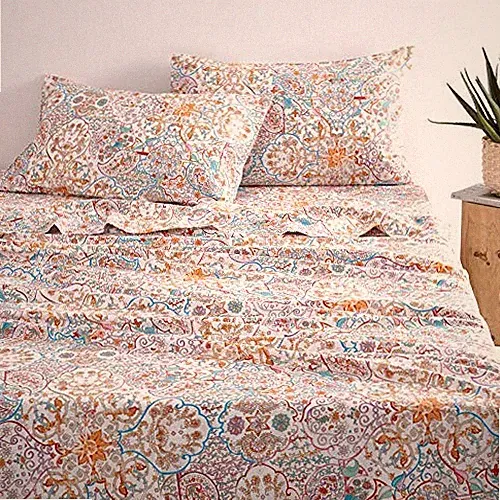 Boho Bed Sheets, 100% Cotton, 4-Piece Sheet Set, Queen Turquoise Orange