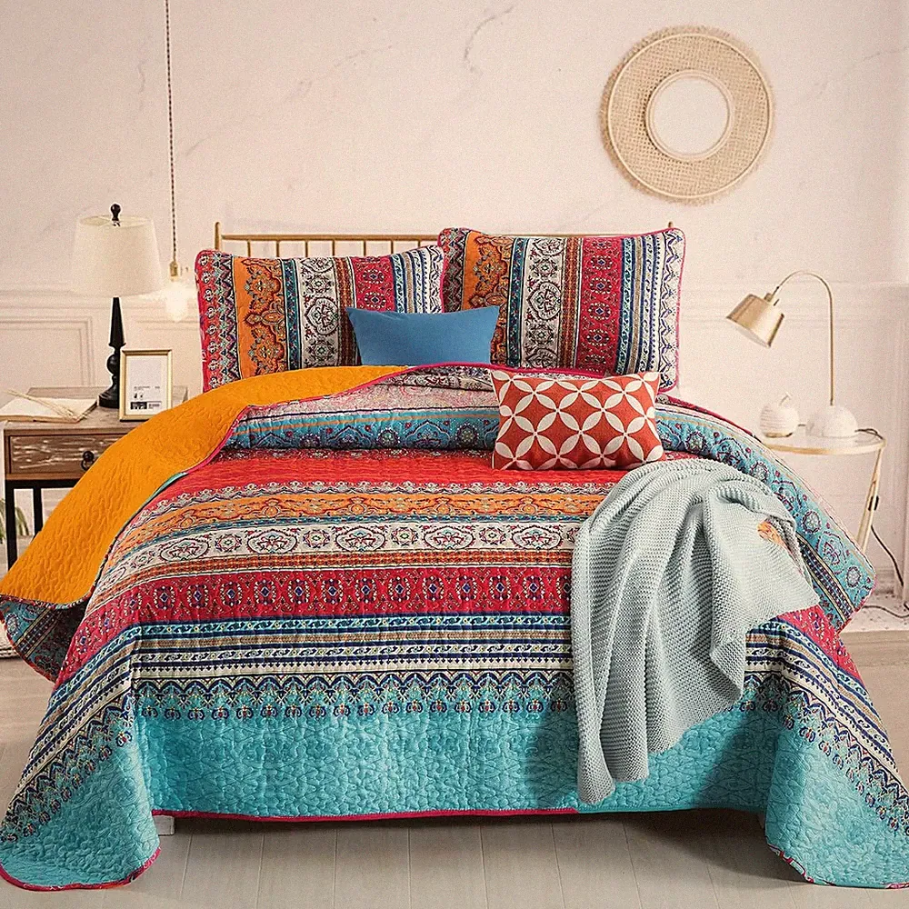 Boho Queen Quilt Set, Orange and Blue Bohemian Queen Quilt Bedding Set, Lightwei