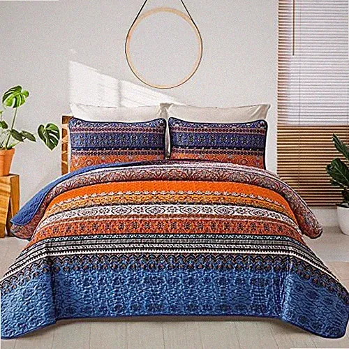 Boho Quilt Set, Blue and Orange Bohemian Quilt Bedding Set, Queen Blue Orange
