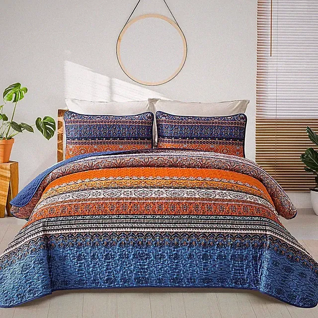 Boho Quilt Set California King, Blue and Orange Bohemian Queen Summer Quilt Bedd