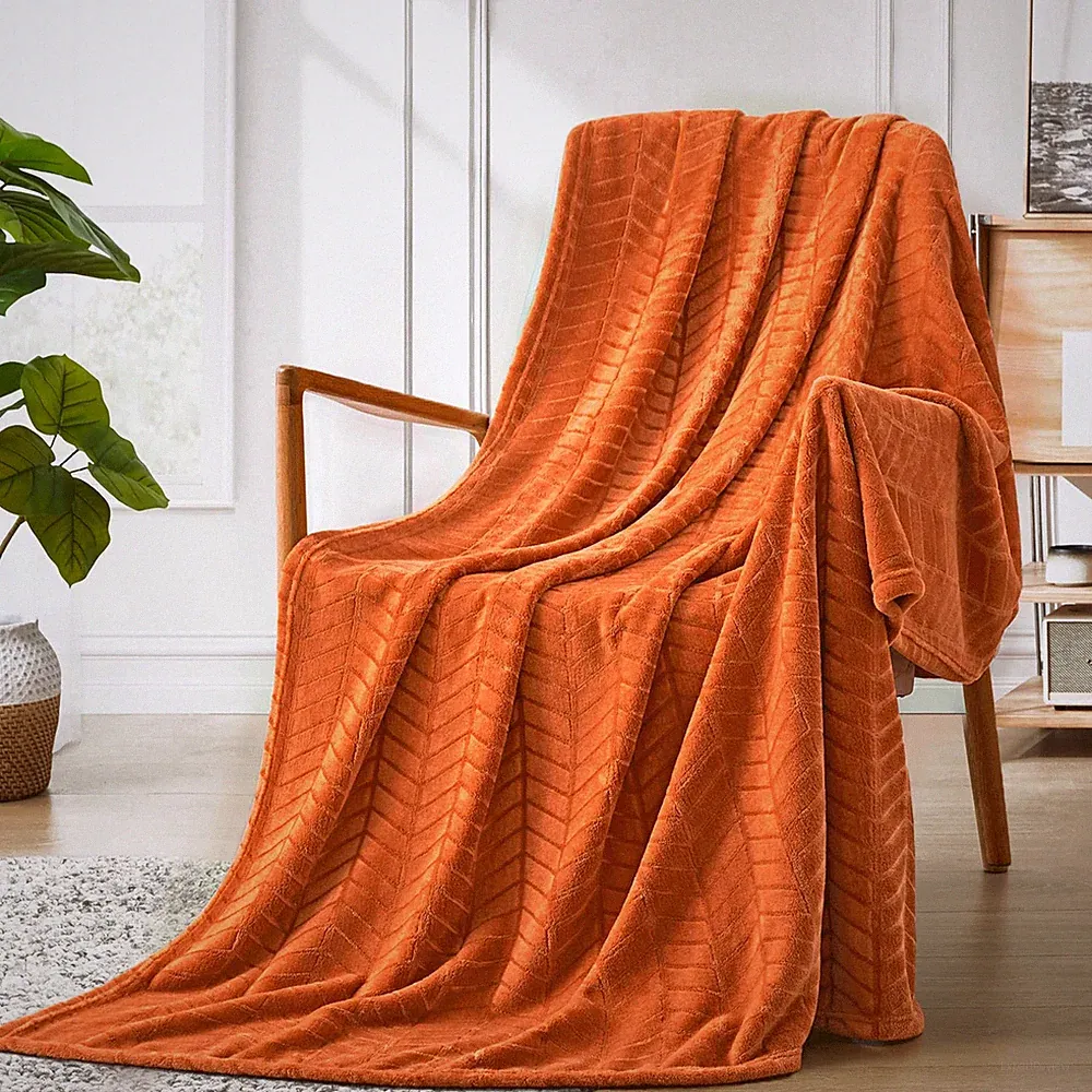 Cozy Fleece Blanket For Sofa, Burnt Orange Chevron Design, 50x60