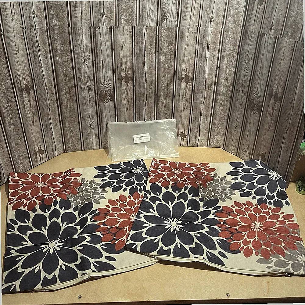 Decorative Pillow Shams - Blue And Burnt Orange Flowers - Zipper Closure 2pk￼￼￼￼
