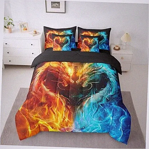 Dragon Bedding Set 7 Piece Fire and Ice Dragon Comforter Set King Orange Blue