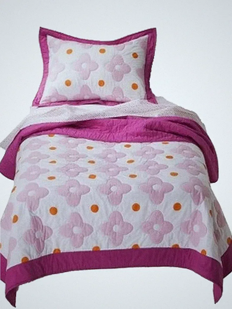 Girls Pink And Orange Flower Dot Stitched Full Queen Quilt & Shams Set 3 Piece