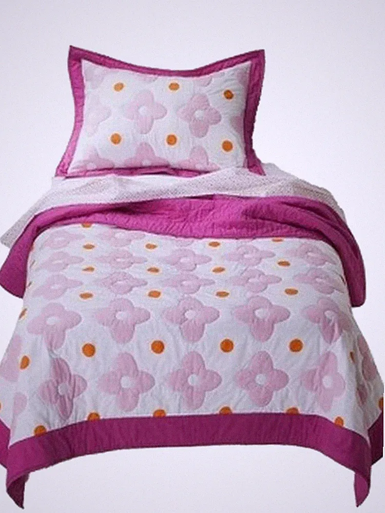 Girls Pink and Orange Flower Dot Stitched Twin Quilt & Sham Set 2 Piece