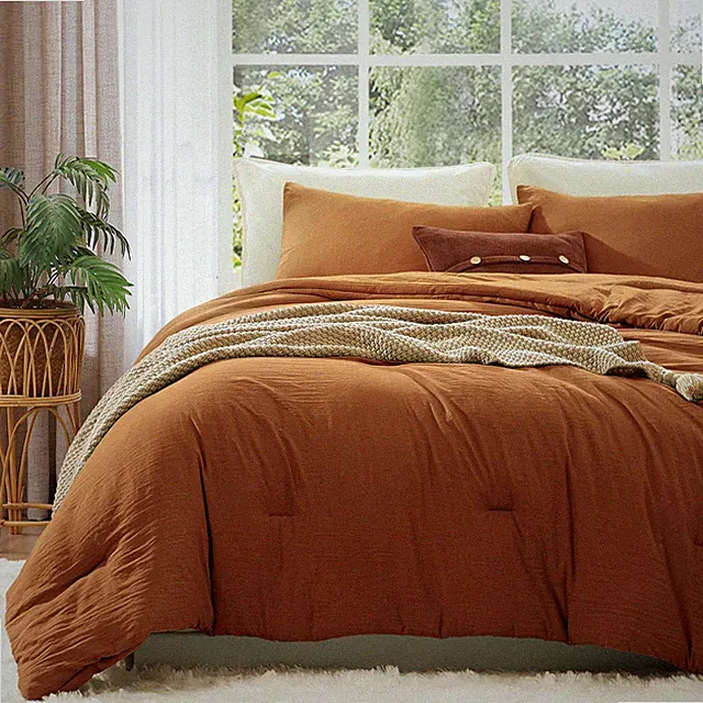 King Size Comforter Set - 3 Pieces Prewashed Burnt Orange Soft Lightweight Be...