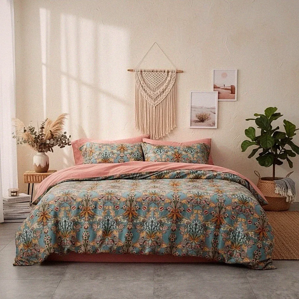 NEW Anthro Blue Orange Floral Boho Queen King Size Bedding Duvet Floral Sham Set