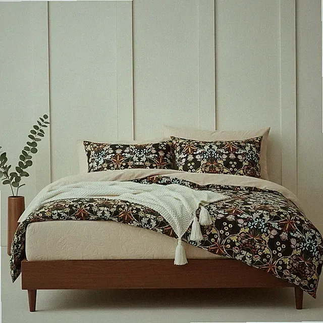 NEW Anthropologie Black Orange Floral Cotton Boho King Bedding Duvet & Sham Set