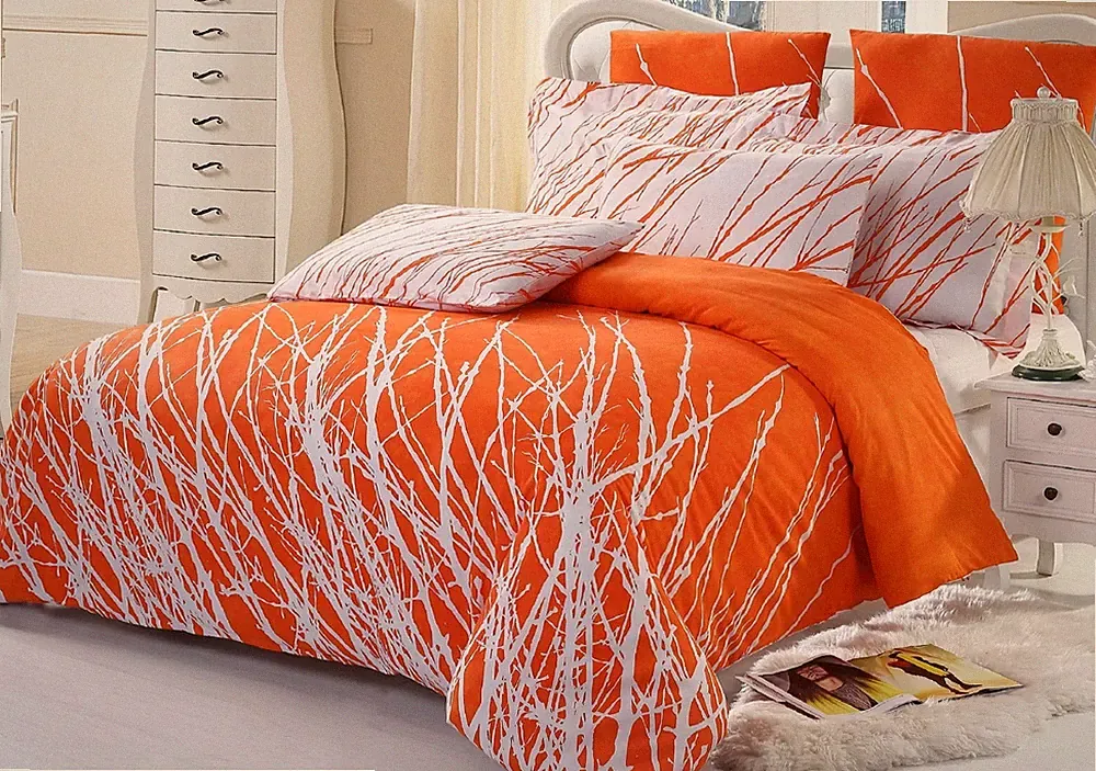 Queen Size Orange Tree 5pc Cotton Bed Set: 1 Duvet Cover + 4 Shams (a2897)