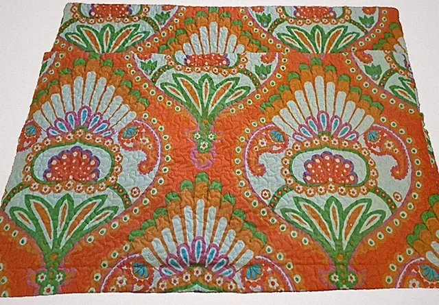 Quilted Orange King Pillow Shams Green Pink Lotus Flower Geometric 35x20