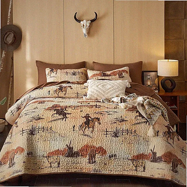 Western Comforter Set, Rustic Ranch Life with Cowboy Southwestern Vintage C...