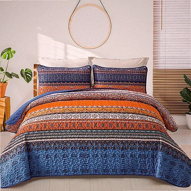 WONGS BEDDING Boho Quilt King Size, Blue and Orange Bohemian King Quilt