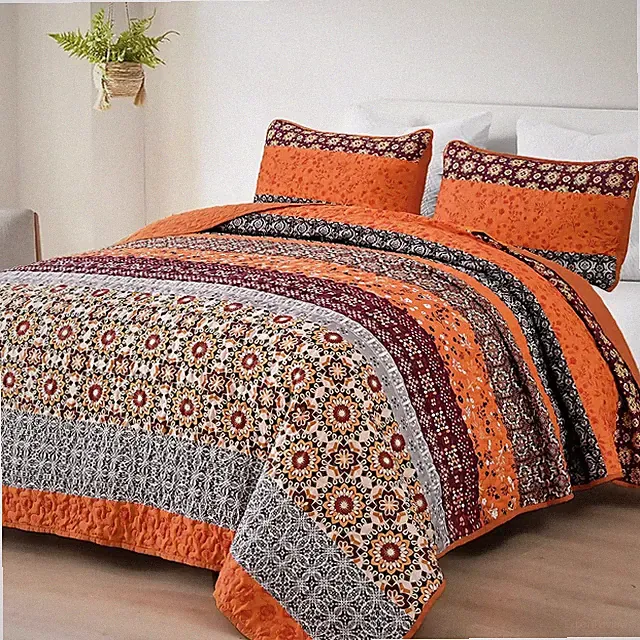 WONGS Queen/King 3-Pc Boho Quilt Set - Bohemian Patchwork Bedspread Coverlet